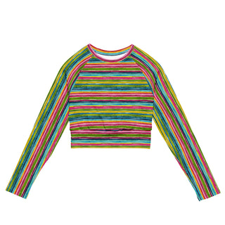 Stretchy crop top for yoga practice and flow - breathable fit with bold pink-green stripes for mindful movement
