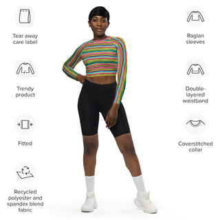 Athletic crop top with green-pink stripes - sleek fit with stretch and airflow for workouts and dynamic movement