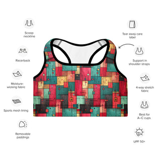 Red & Turquoise Squares Padded Athletic Bra