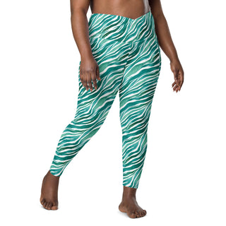 Turquoise Zebra Stripes Crossover Pocket Leggings