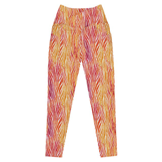 Coral and Yellow Zebra Stripes Crossover Pocket Leggings