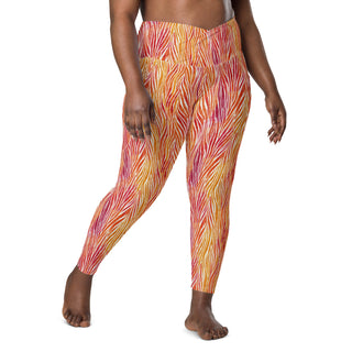 Coral and Yellow Zebra Stripes Crossover Pocket Leggings
