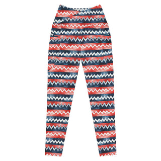 Red & Blue Zigzags Crossover Pocket Leggings