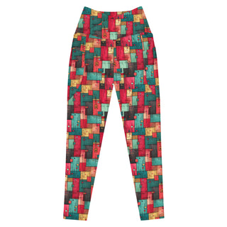 Red & Turquoise Squares Crossover Pocket Leggings