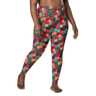 Red & Turquoise Squares Crossover Pocket Leggings