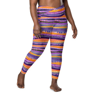 Purple & Orange Stripes Crossover Pocket Leggings