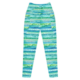 Aqua Blue Stripes Crossover Pocket Leggings