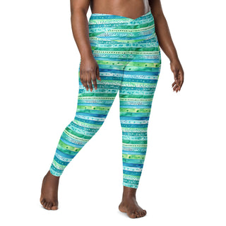 Aqua Blue Stripes Crossover Pocket Leggings