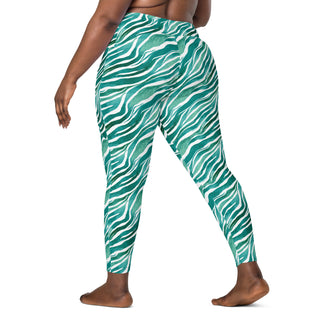 Turquoise Zebra Stripes Crossover Pocket Leggings