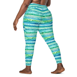 Aqua Blue Stripes Crossover Pocket Leggings