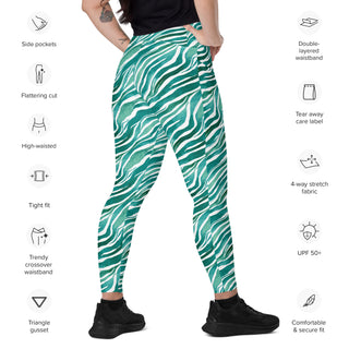Turquoise Zebra Stripes Crossover Pocket Leggings