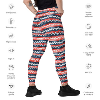 Red & Blue Zigzags Crossover Pocket Leggings
