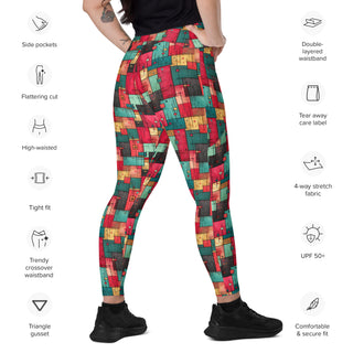 Red & Turquoise Squares Crossover Pocket Leggings