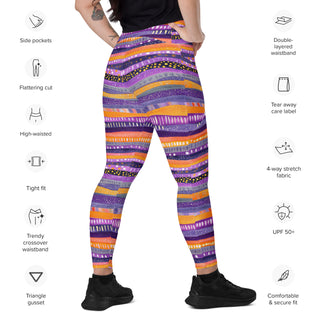 Purple & Orange Stripes Crossover Pocket Leggings