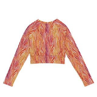 Coral & Yellow Zebra Stripes Long Sleeve Crop Top