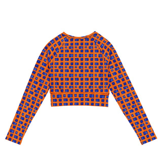 Blue & Orange Pixels Long Sleeve Crop Top