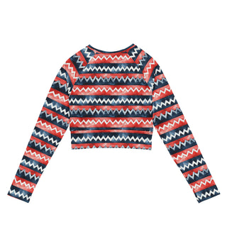 Red & Blue Zigzags Long Sleeve Crop Top