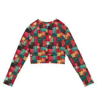 Red & Turquoise Squares Long Sleeve Crop Top