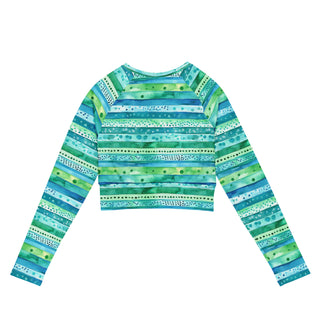 Aqua Blue Stripes Long Sleeve Crop Top