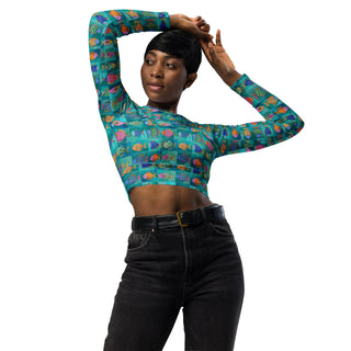 Turquoise Fish Long Sleeve Crop Top