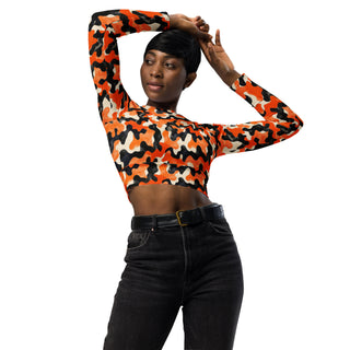 Black & Orange Camo Long Sleeve Crop Top