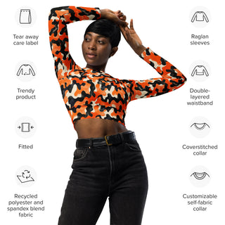 Black & Orange Camo Long Sleeve Crop Top