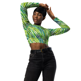 Green Zebra Print Long Sleeve Crop Top