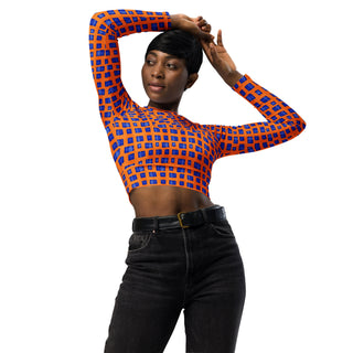 Blue & Orange Pixels Long Sleeve Crop Top