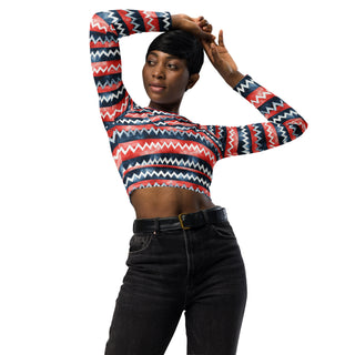 Red & Blue Zigzags Long Sleeve Crop Top