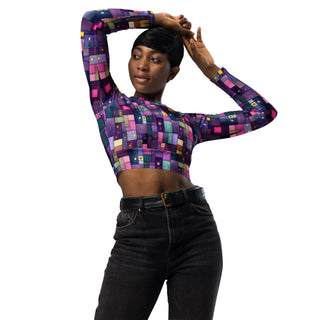 Purple Squares Long Sleeve Crop Top