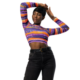 Purple & Orange Stripes Long Sleeve Crop Top
