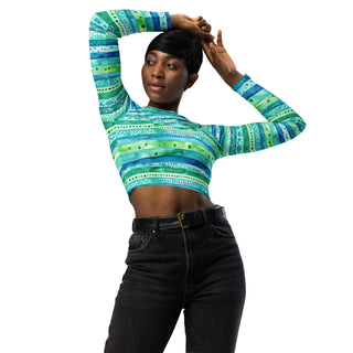 Aqua Blue Stripes Long Sleeve Crop Top