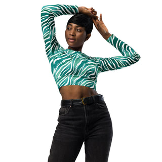 Turquoise Zebra Print Long Sleeve Crop Top
