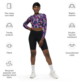 Purple Squares Long Sleeve Crop Top