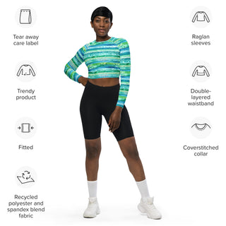 Aqua Blue Stripes Long Sleeve Crop Top
