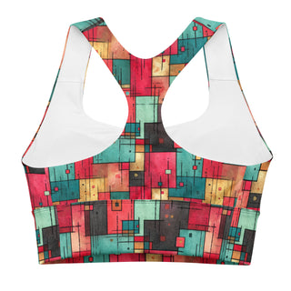 Red & Turquoise Squares Longline Sports Bra