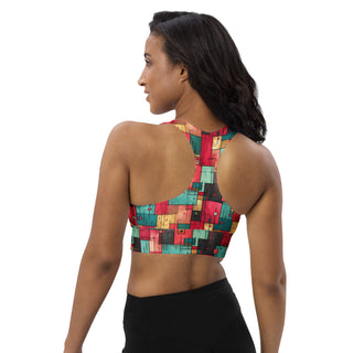 Red & Turquoise Squares Longline Sports Bra