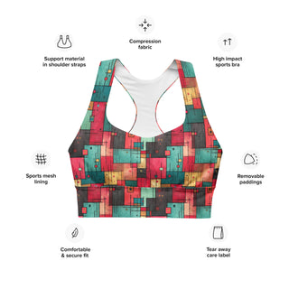 Red & Turquoise Squares Longline Sports Bra