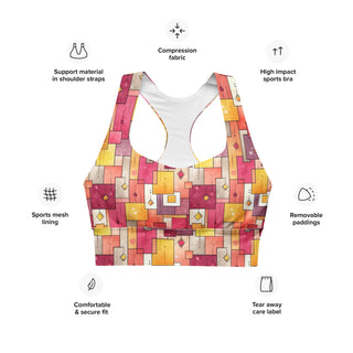Pink & Yellow Squares Longline Sports Bra