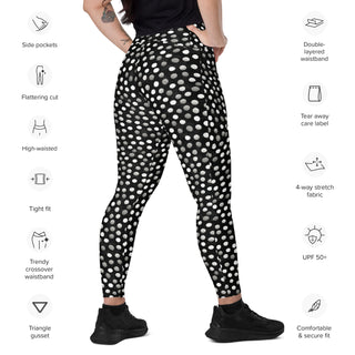Leggings which shape, stretch, breathe - black gray dots with side pockets, crossover fit, and UPF 50+
