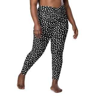 Stretchy crossover leggings for fluid yoga flow, balance, and breathe - styled in bold black-gray dots