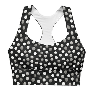 Supportive sports bra with soft fabric - black gray dots print, made for comfort, movement, and bold energy