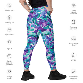 Leggings which shape, stretch, breathe - blue purple camo with side pockets, crossover fit, and UPF 50+