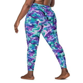 Crossover leggings built for gym sets and running stride - styled with bold blue-purple camo for powered energy