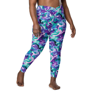 Stretchy crossover leggings for fluid yoga flow, balance, and breathe - styled in bold blue-purple camo