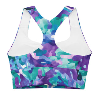 Blue-purple camo sports bra - supportive fit with removable padding for soft comfort, control, and bold motion