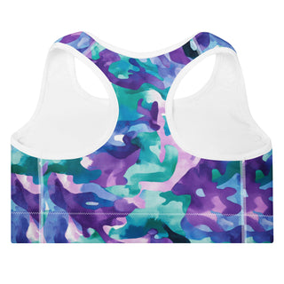 Blue-purple camo padded yoga bra - racerback, lightweight stretch for freedom, stability, and mindful flow