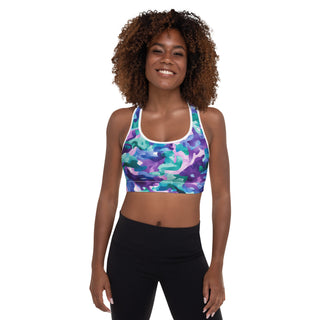 Blue-purple camo racerback sports bra- light, stretchy, made to move with joy, strength, and upbeat energy