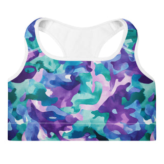 Blue-purple camo scoop-neck sports bra - moisture-wicking, lined, and padded for soft racerback support