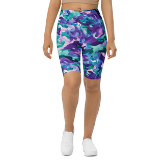 Blue-purple camo yoga shorts - bold, stretchy design built for deep yoga squats, flexible flow, and control